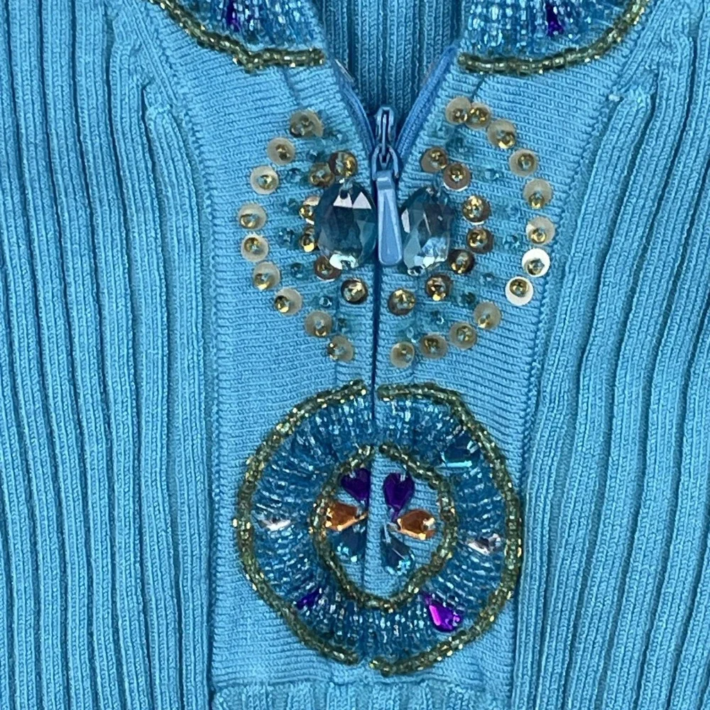 Belldini® Blue Rib Knit Stretch Sleeveless Top W/ Colorful Rhinestones Size XL‎